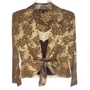 A. Byer Jacket Womens Medium Gold Brown Floral Jacquard Satin Tie Waist Blazer